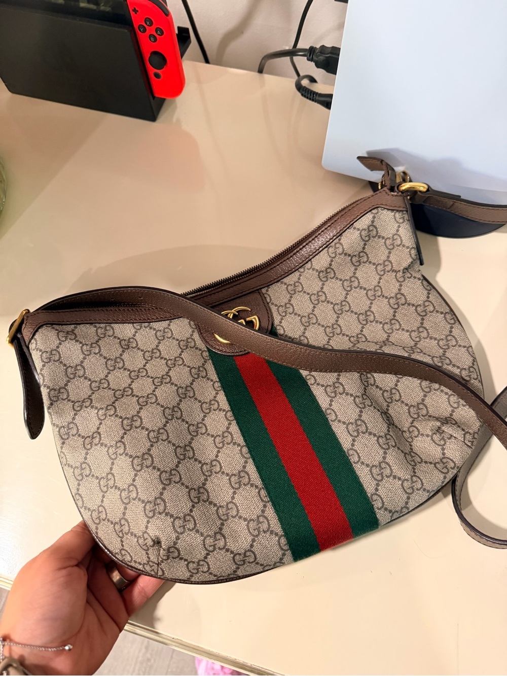 Gucci GG  ophidia half moon Supreme Web Stripe Shoulder Bag in Beige/Brown - Picture 6 of 16